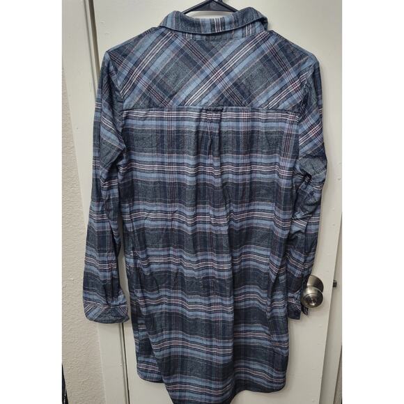 ORVIS Lodge Women's Medium Flannel Shirtdress Plaid Blue Pink Front Button-up - Picture 2 of 8
